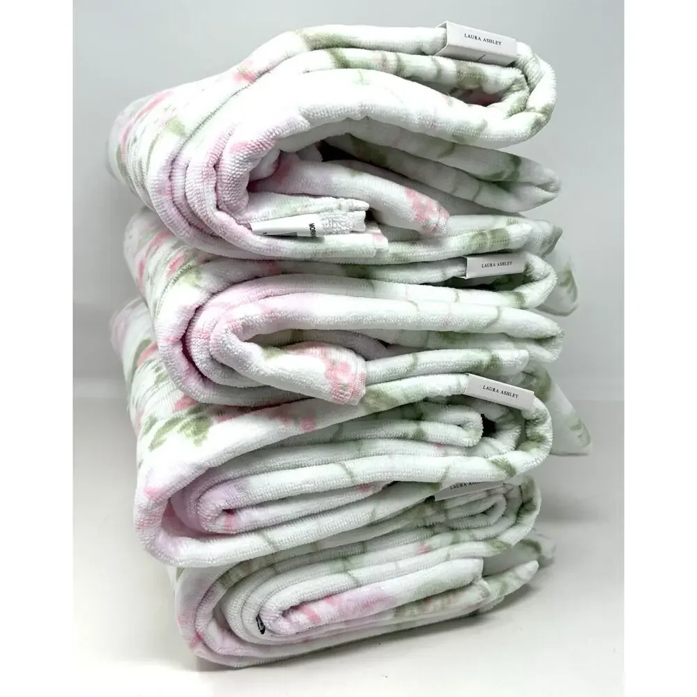 Laura Ashley Bath Towels Set Morning Gloria Floral 4 Pcs Pink Green White NWT